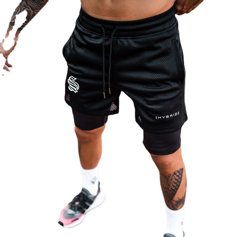 European and American Trendy Sports Double Layer Shorts For Mens Training Fake Two Piece Basketball Running Fitness Capris