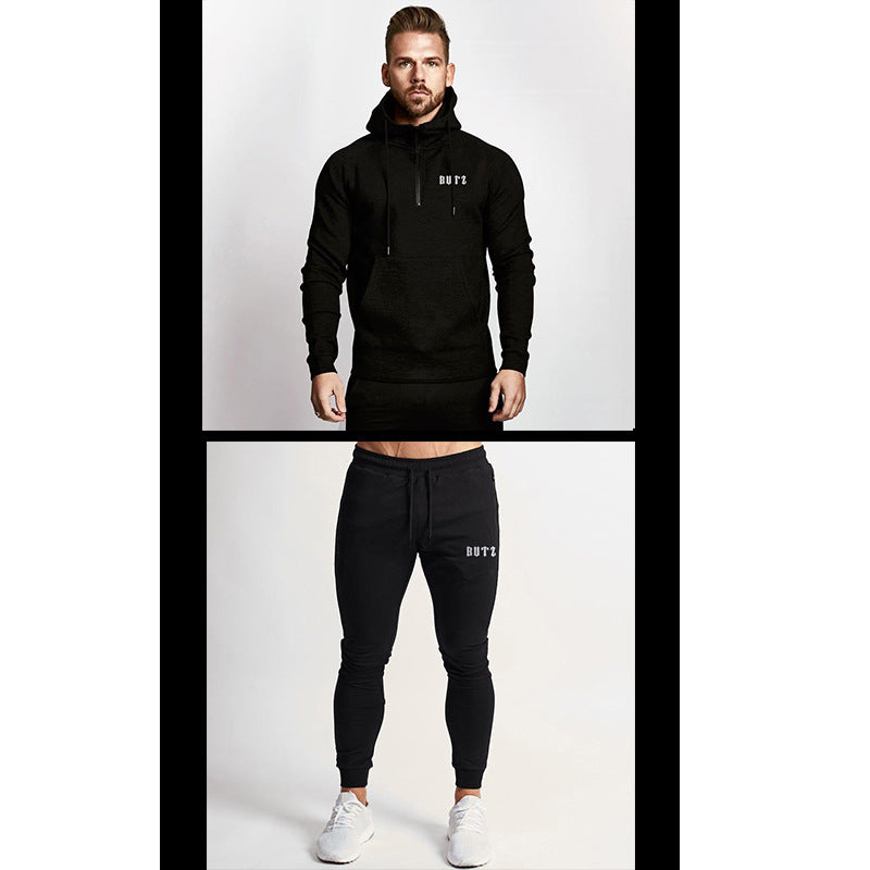 Europe and America Muscle Leisure Sports Fitness Clothing Men's Brother Suit Autumn and Winter Hooded Sweatpants Two Piece Cotton