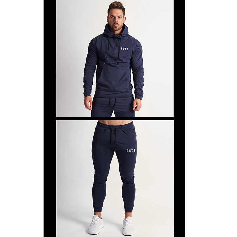 Europe and America Muscle Leisure Sports Fitness Clothing Men's Brother Suit Autumn and Winter Hooded Sweatpants Two Piece Cotton