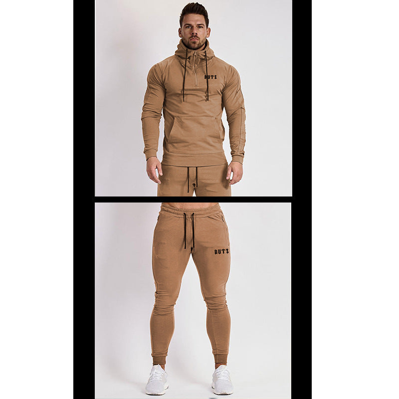 Europe and America Muscle Leisure Sports Fitness Clothing Men's Brother Suit Autumn and Winter Hooded Sweatpants Two Piece Cotton