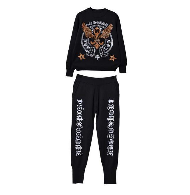 Eagle Embroidery Long Sleeve Knitted Sweater Casual Pants Two Piece Set