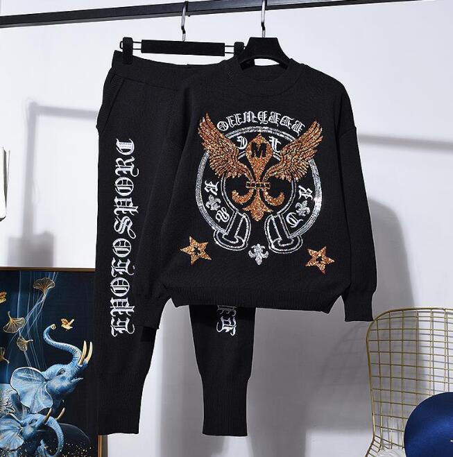 Eagle Embroidery Long Sleeve Knitted Sweater Casual Pants Two Piece Set