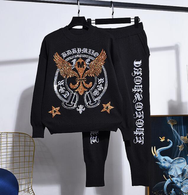 Eagle Embroidery Long Sleeve Knitted Sweater Casual Pants Two Piece Set